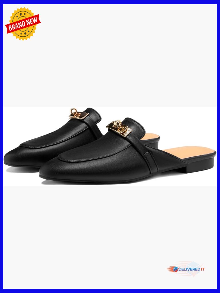 Women's Leather Mules Slip-On Flats Almond Toe Buckle Casual Dress Shoes